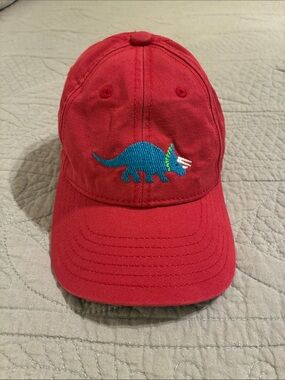 Harding Lane Red Baseball Cap with Needlepoint Dinosaur